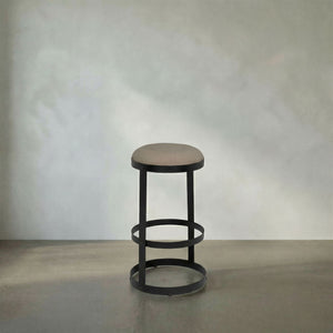 Dior Iron Stool with Linen Seat and Sculptural Layered Ring Base for Kitchen or Home Bar