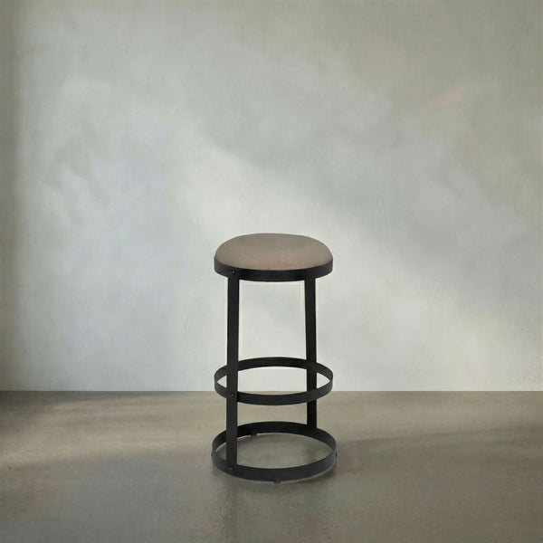 Dior Iron Stool with Linen Seat and Sculptural Layered Ring Base for Kitchen or Home Bar