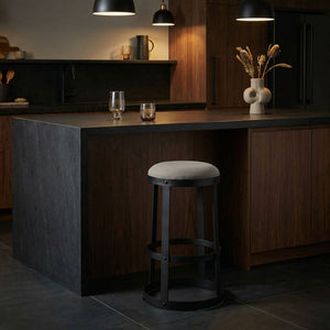 Dior Iron Stool with Linen Seat and Sculptural Layered Ring Base for Kitchen or Home Bar