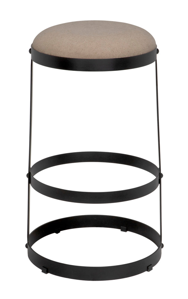 Dior Iron Stool with Linen Seat and Sculptural Layered Ring Base for Kitchen or Home Bar