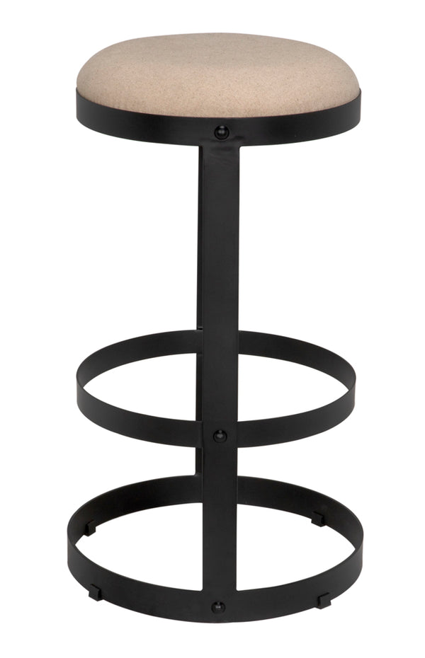 Dior Iron Stool with Linen Seat and Sculptural Layered Ring Base for Kitchen or Home Bar