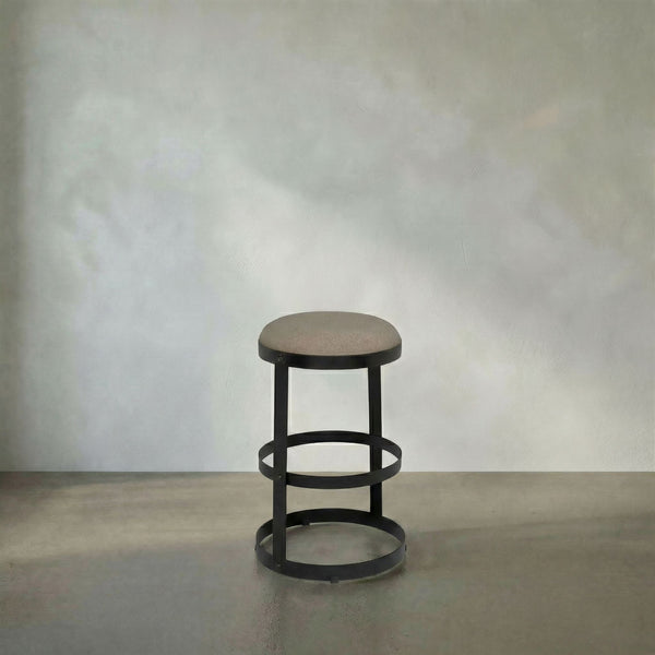 Dior Iron Stool with Linen Seat and Sculptural Layered Ring Base for Kitchen or Home Bar