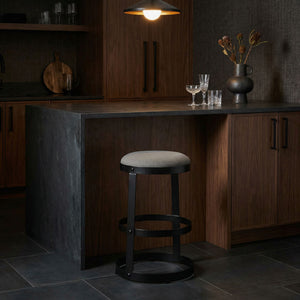 Dior Iron Stool with Linen Seat and Sculptural Layered Ring Base for Kitchen or Home Bar