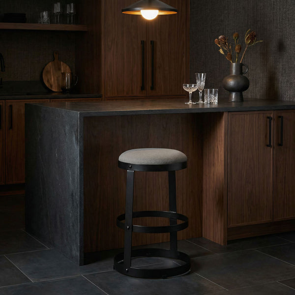 Dior Iron Stool with Linen Seat and Sculptural Layered Ring Base for Kitchen or Home Bar