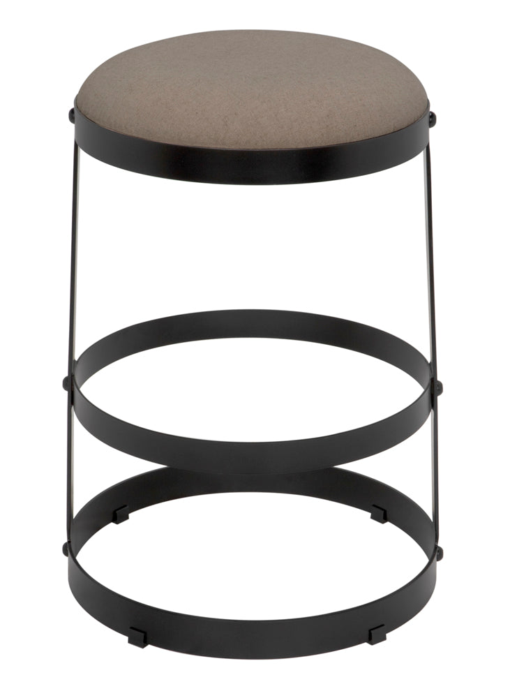 Noir Dior Iron Stool with Linen Seat and Sculptural Layered Ring Base for Kitchen or Home Bar Matte Black Counter Stool GSTOOL118MTB-S