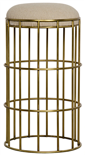 Ryley Art Deco Iron Counterstool with Brass Finish and Upholstered Linen Seat
