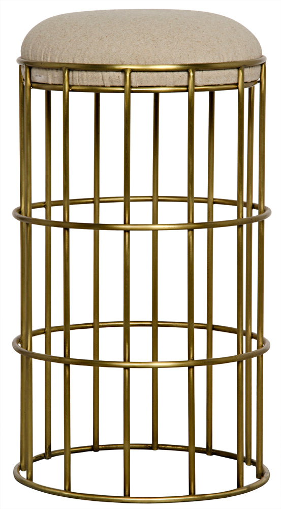 Ryley Art Deco Iron Counterstool with Brass Finish and Upholstered Linen Seat