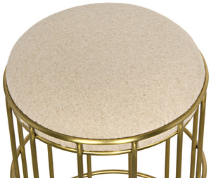 Ryley Art Deco Iron Counterstool with Brass Finish and Upholstered Linen Seat