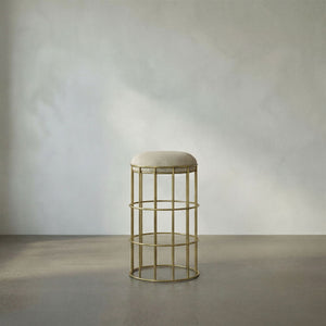 Ryley Art Deco Iron Counterstool with Brass Finish and Upholstered Linen Seat
