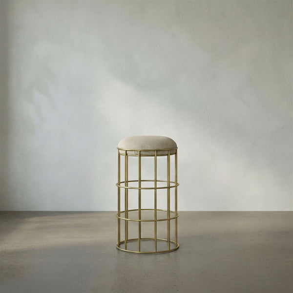 Ryley Art Deco Iron Counterstool with Brass Finish and Upholstered Linen Seat