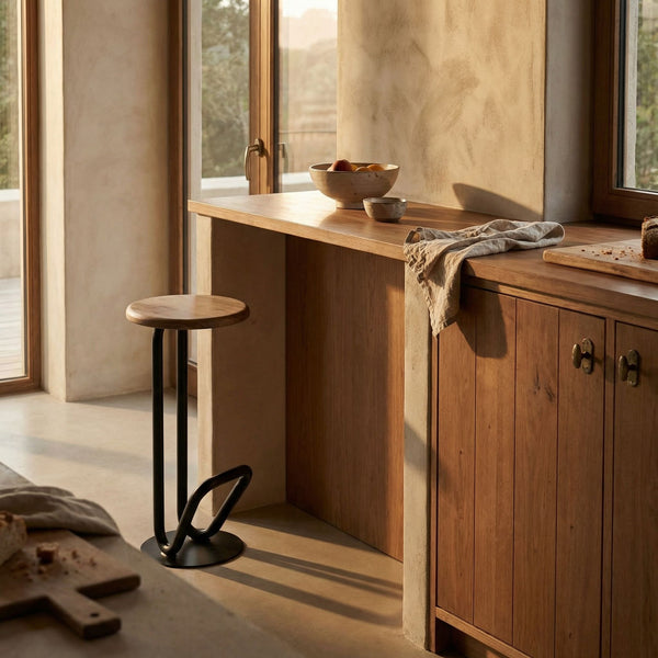 Hook Iron Frame and Solid White Oak Seat Stool for Kitchen Islands and Counter Seating
