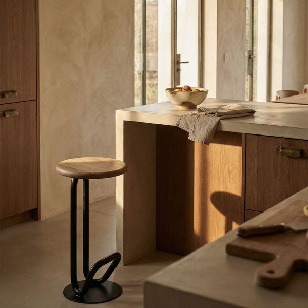 Hook Iron Frame and Solid White Oak Seat Stool for Kitchen Islands and Counter Seating