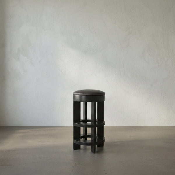 Berlin Swivel Barstool Genuine Leather Seat Mahogany Wood Frame Modern Kitchen Bar