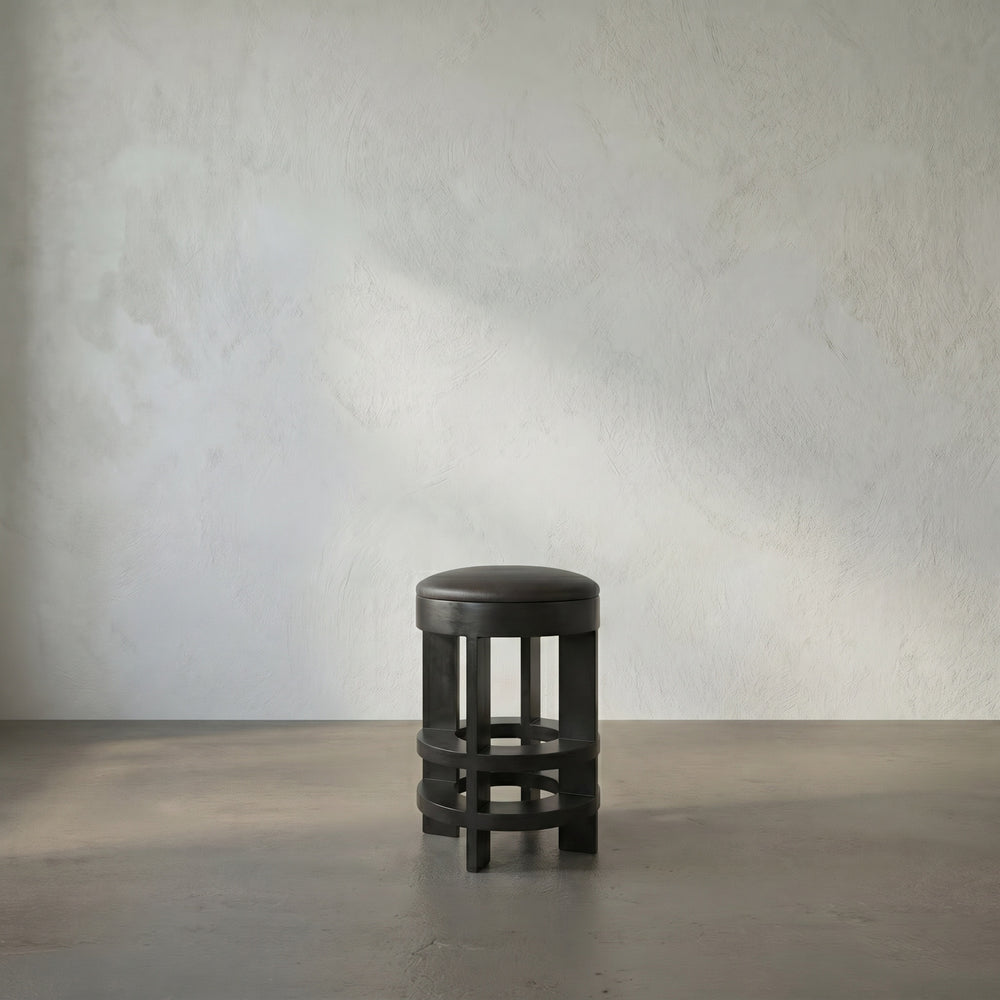 Noir Berlin Swivel Barstool Genuine Leather Seat Mahogany Wood Frame Modern Kitchen Bar 26H GSTOOL161HB-S