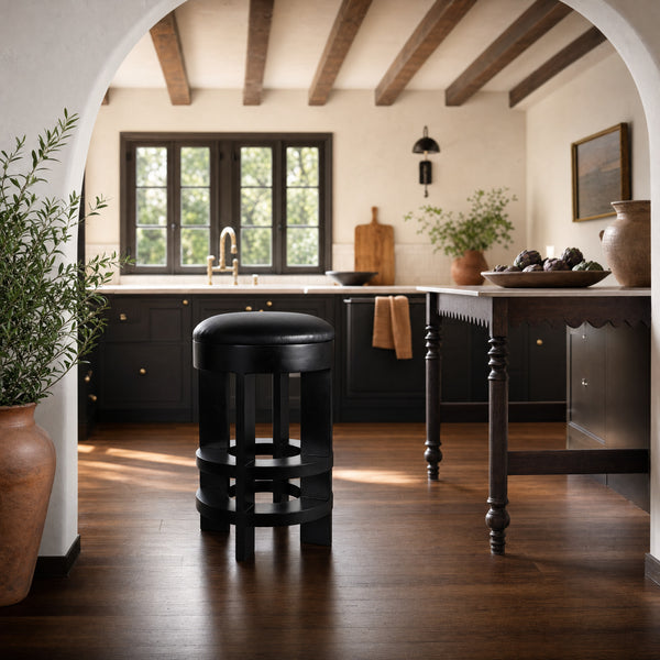 Berlin Swivel Barstool Genuine Leather Seat Mahogany Wood Frame Modern Kitchen Bar