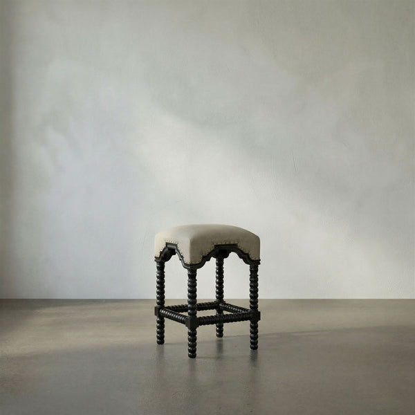 Abacus Solid Mahogany Counter Stool with Nailhead Trim and Cotton Upholstered Seat
