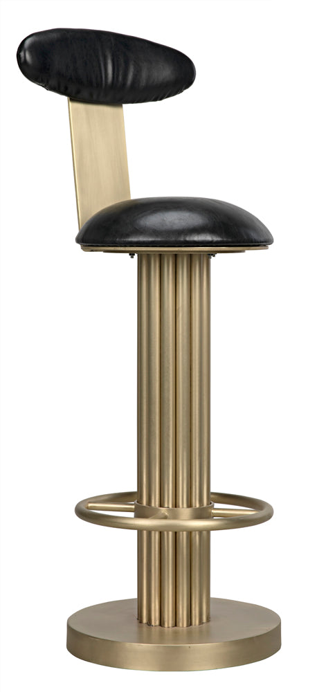 Noir Sedes Art Deco Swivel Stool Black Leather Seat Antiqued Brass Iron Base for Kitchen Bar 31 inches GSTOOL235MB-L