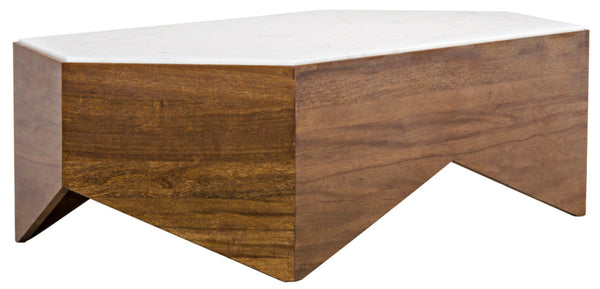 Noir Amsterdam Coffee Table - Unique Hexagonal Bianco Crown Marble Top with Artisan Walnut Base Design GTAB1024DW
