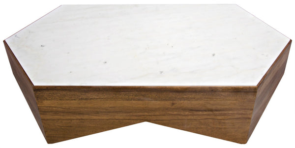 Noir Amsterdam Coffee Table - Unique Hexagonal Bianco Crown Marble Top with Artisan Walnut Base Design GTAB1024DW
