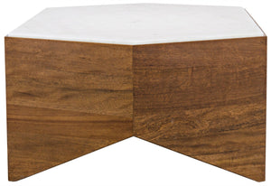 Noir Amsterdam Coffee Table - Unique Hexagonal Bianco Crown Marble Top with Artisan Walnut Base Design GTAB1024DW