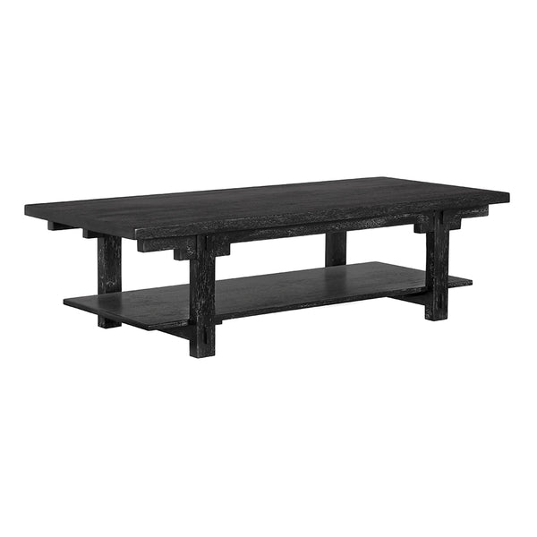 Noir Yaoli Brutalist Walnut Coffee Table with Exposed Joinery and Integrated Lower Shelf GTAB1152BKW