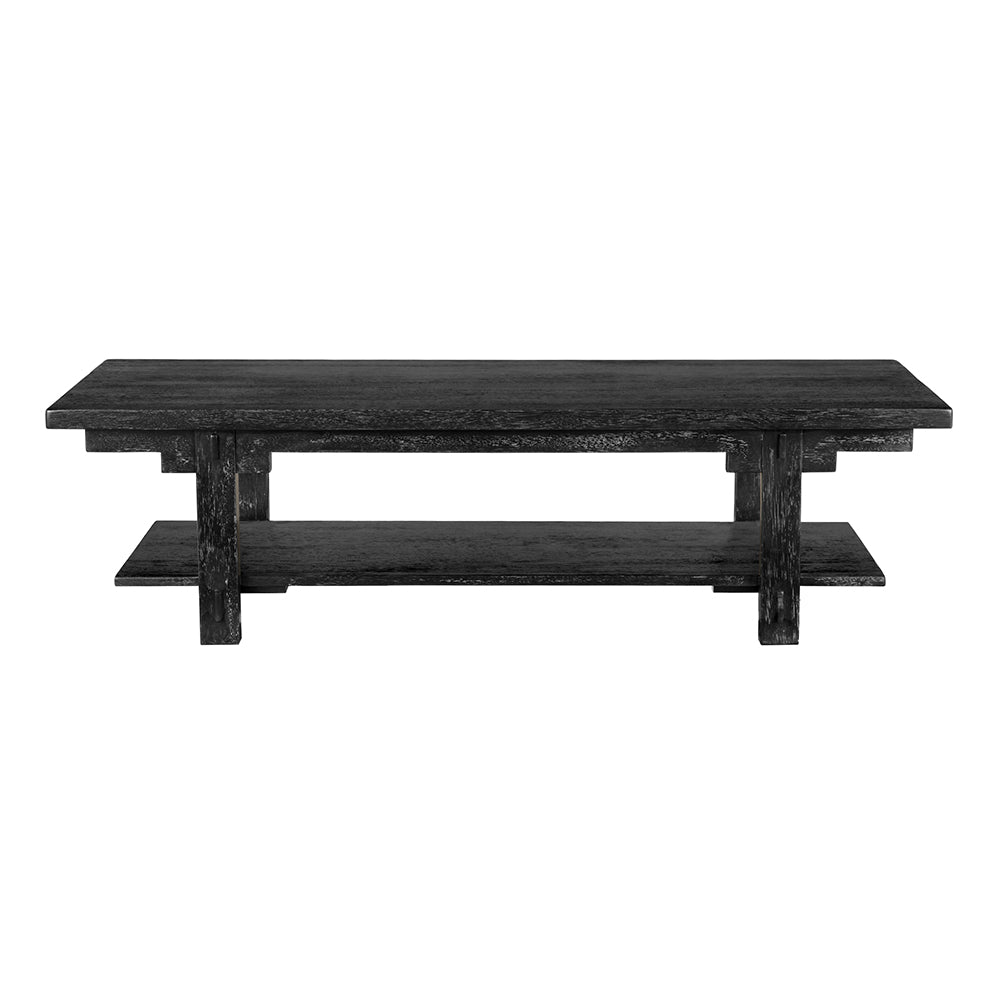 Noir Yaoli Brutalist Walnut Coffee Table with Exposed Joinery and Integrated Lower Shelf GTAB1152BKW