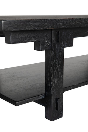 Yaoli Brutalist Walnut Coffee Table with Exposed Joinery and Integrated Lower Shelf