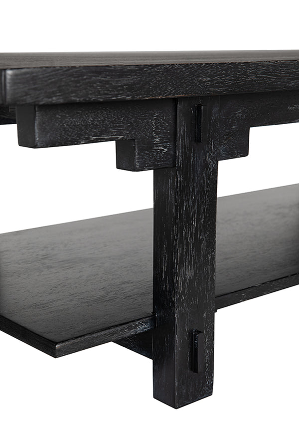 Yaoli Brutalist Walnut Coffee Table with Exposed Joinery and Integrated Lower Shelf