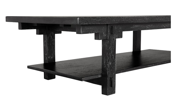 Yaoli Brutalist Walnut Coffee Table with Exposed Joinery and Integrated Lower Shelf