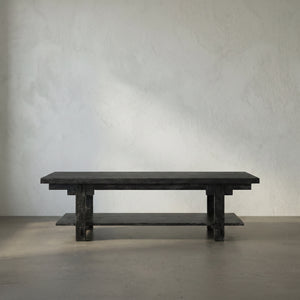 Yaoli Brutalist Walnut Coffee Table with Exposed Joinery and Integrated Lower Shelf