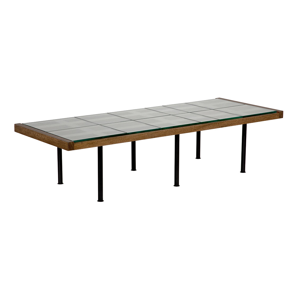 Noir Paxton Glass Tile Top Coffee Table with Dark Walnut Lattice Frame and Iron Legs GTAB1154