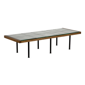 Noir Paxton Glass Tile Top Coffee Table with Dark Walnut Lattice Frame and Iron Legs GTAB1154
