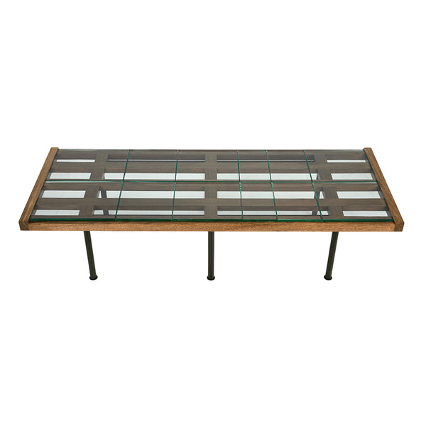 Paxton Glass Tile Top Coffee Table with Dark Walnut Lattice Frame and Iron Legs