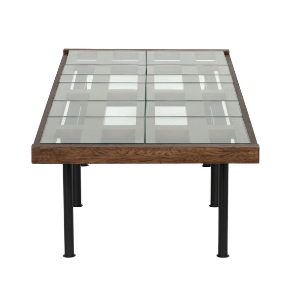 Paxton Glass Tile Top Coffee Table with Dark Walnut Lattice Frame and Iron Legs