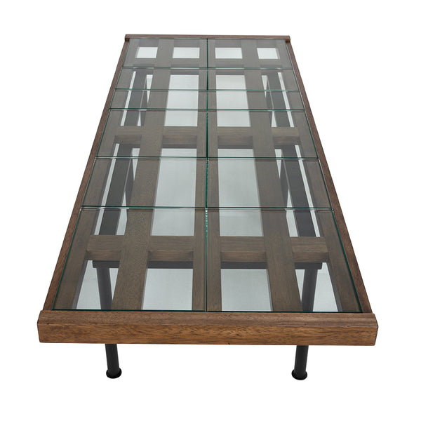 Paxton Glass Tile Top Coffee Table with Dark Walnut Lattice Frame and Iron Legs