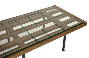Paxton Glass Tile Top Coffee Table with Dark Walnut Lattice Frame and Iron Legs