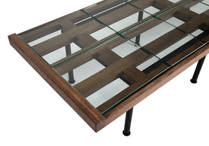 Paxton Glass Tile Top Coffee Table with Dark Walnut Lattice Frame and Iron Legs