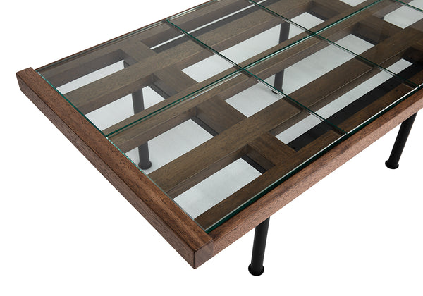 Paxton Glass Tile Top Coffee Table with Dark Walnut Lattice Frame and Iron Legs