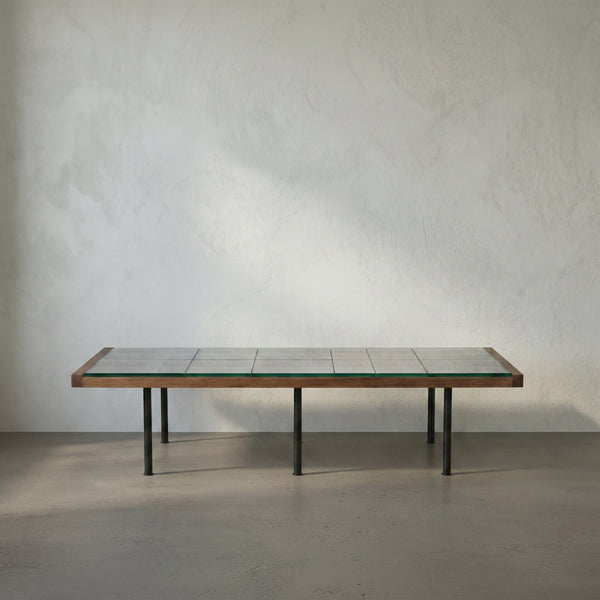 Paxton Glass Tile Top Coffee Table with Dark Walnut Lattice Frame and Iron Legs