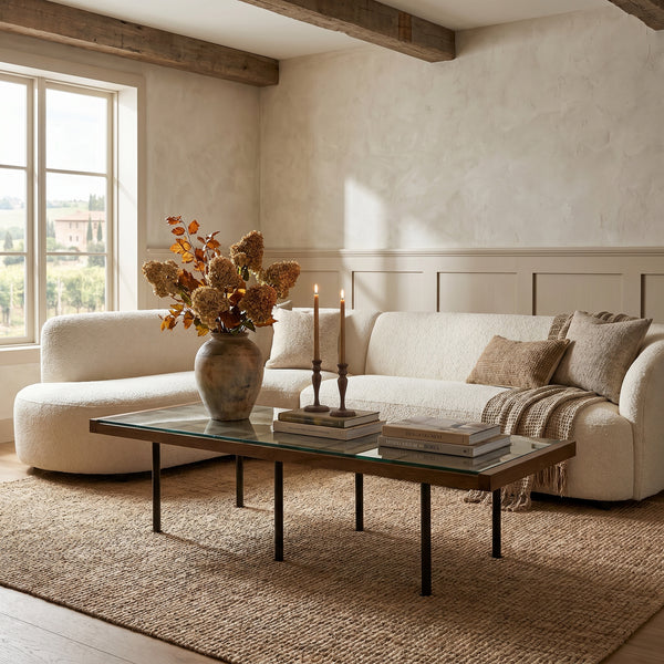 Paxton Glass Tile Top Coffee Table with Dark Walnut Lattice Frame and Iron Legs
