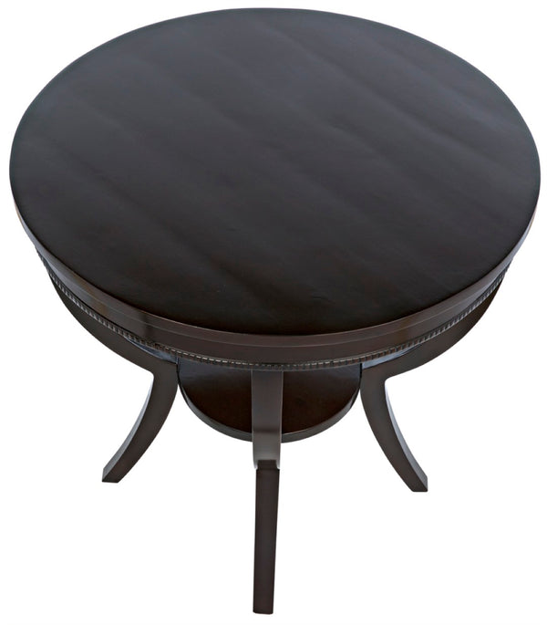 Noir Scheffield Round End Table - Timeless Elegance with Hand-Carved Design for Modern and Classic Spaces Distressed Brown GTAB223D