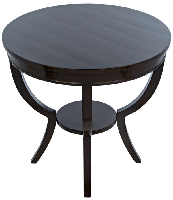 Noir Scheffield Round End Table - Timeless Elegance with Hand-Carved Design for Modern and Classic Spaces Distressed Brown GTAB223D