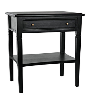 Noir Oxford Artisan-Crafted 1-Drawer Side Table in Solid Mahogany with Elegant Carving & Tapered Legs Hand Rubbed Black GTAB247HB