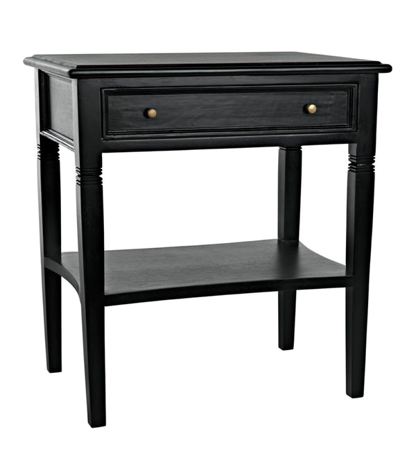 Noir Oxford Artisan-Crafted 1-Drawer Side Table in Solid Mahogany with Elegant Carving & Tapered Legs Hand Rubbed Black GTAB247HB