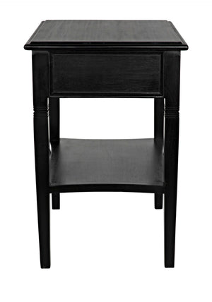 Noir Oxford Artisan-Crafted 1-Drawer Side Table in Solid Mahogany with Elegant Carving & Tapered Legs Hand Rubbed Black GTAB247HB