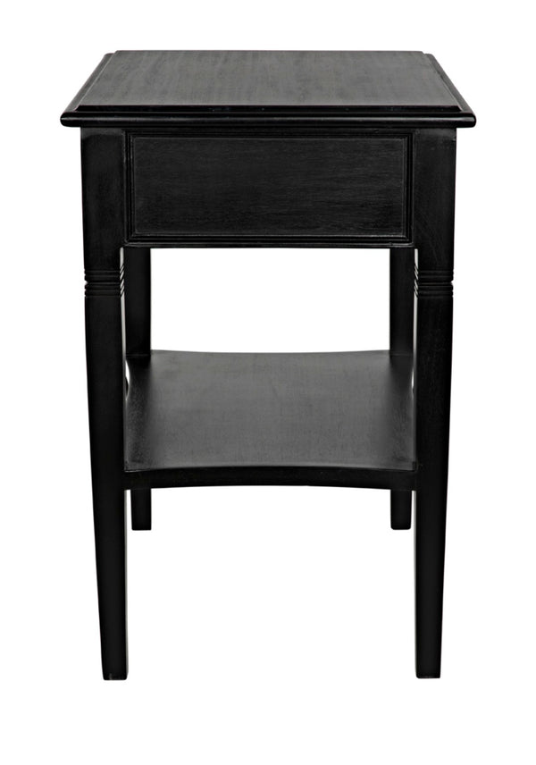 Noir Oxford Artisan-Crafted 1-Drawer Side Table in Solid Mahogany with Elegant Carving & Tapered Legs Hand Rubbed Black GTAB247HB