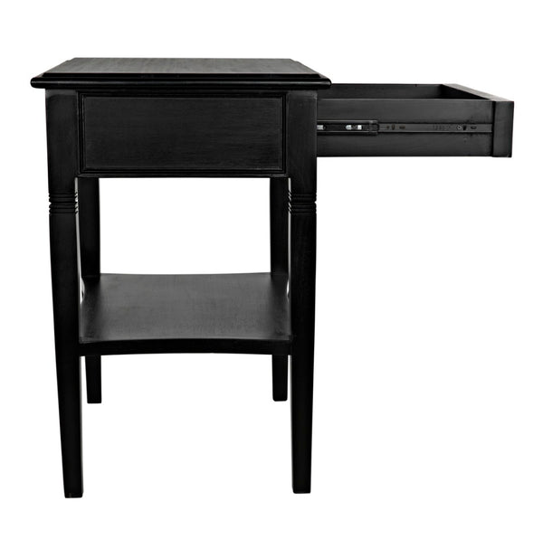 Noir Oxford Artisan-Crafted 1-Drawer Side Table in Solid Mahogany with Elegant Carving & Tapered Legs Hand Rubbed Black GTAB247HB