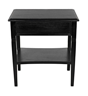 Noir Oxford Artisan-Crafted 1-Drawer Side Table in Solid Mahogany with Elegant Carving & Tapered Legs Hand Rubbed Black GTAB247HB