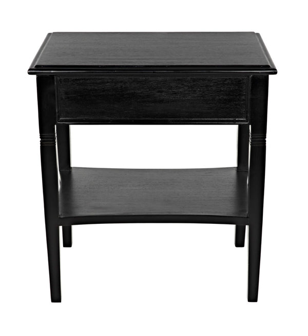 Noir Oxford Artisan-Crafted 1-Drawer Side Table in Solid Mahogany with Elegant Carving & Tapered Legs Hand Rubbed Black GTAB247HB