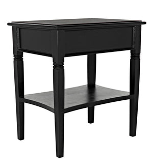 Noir Oxford Artisan-Crafted 1-Drawer Side Table in Solid Mahogany with Elegant Carving & Tapered Legs Hand Rubbed Black GTAB247HB